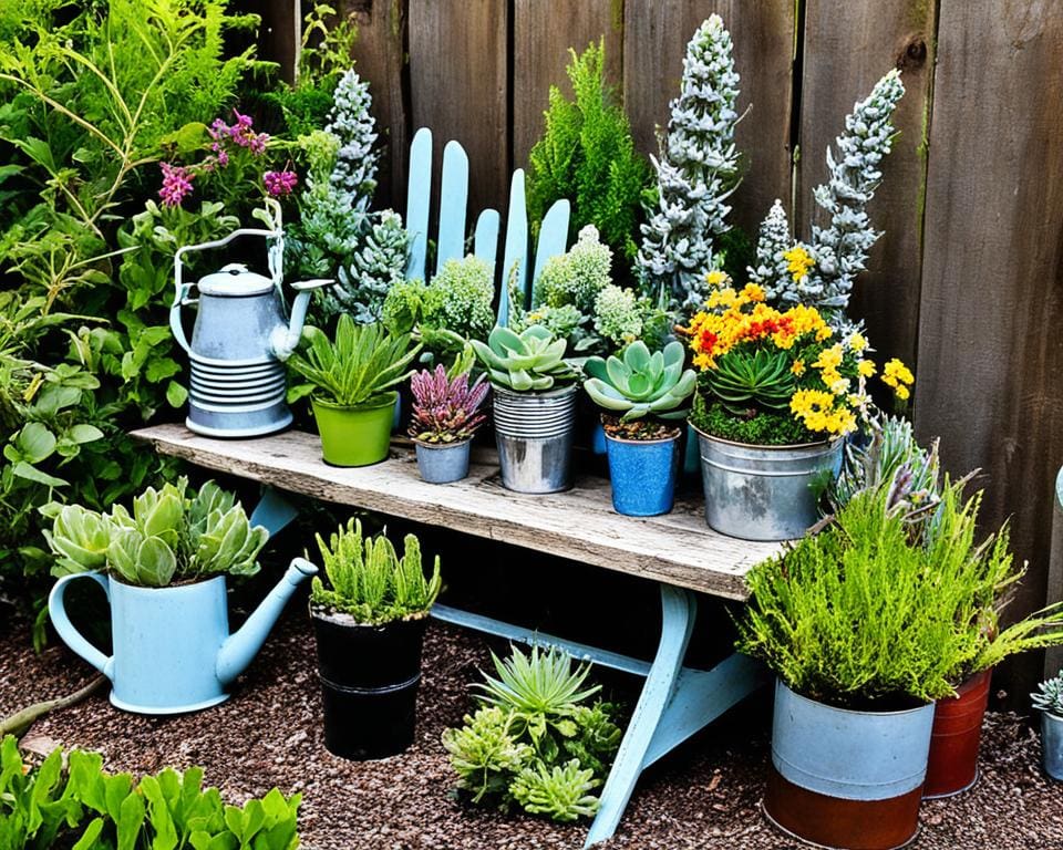 Décoration de jardin avec des plantes locales et objets récupérés